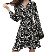 Women's 2023 Summer V Neck Long Sleeve Waist Tie Pleated Floral Print Mini Flowy Skate Dress