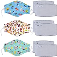 LATINDAY 3PCS 5-ply Cotton Fashion Face Covering for Kids, Cartoon Animal Pattern, Washable and Reuseable with 6PCS Filter