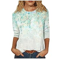 3/4 Sleeve Shirts for Women Round Neck Floral Print Blouse 2024 Summer Fashion Loose Fit Holiday Tops