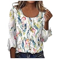 Uniform Shirts for Girls, Tank Top Women Blouses Elegant Casual Women's Fashion Casual Three Quarter Sleeve Floral Printed Round Neck Decorative Button Top Half Tee White Short (1-White,X-Large)