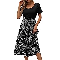 DB MOON Womens Casual Short Sleeve Midi Dress Tie Waist Crewneck Work Business Teacher Dresses