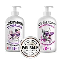 Liquid Glucosamine for Dogs and Wild Alaskan Salmon Oil for Dogs & Cats and Dog Paw Balm Wax Soother & Moisturizer Cream Bundle