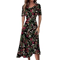 Easter Dress for Women Plus Size, Summer Casual Loose Short Sleeve Floral Print Flowy Hem Beach Long Dress House with Pockets Dresses Size Spring Dresses Casual Dress Casual (XL, Wine)