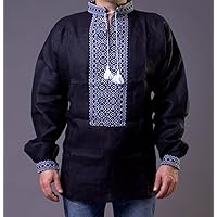 Vyshyvanka mens black with white embroidery New Handmade linen shirt Ukrainian size XL SALE