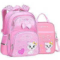 Girls Backpack 16 Inch Cute Cat Backpack for Girls Princess Bowknot Backpack with Lunch Bag for Primary Students