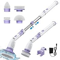 Voweek Electric Spin Scrubber, Shower Cleaning Brush with 4 Replaceable Brush Heads and Adjustable Extension Arm, Cordless Household Cleaning Brush for Bathroom Tub Tile Floor - Purple