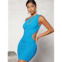 Women's Dresses Casual Wedding One Shoulder Cutout Detail Ruched Dress Wedding Guest (Color : Blue, Size : X-Small)