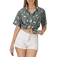 HAPPY BAY Women's Button Down Blouses Cotton Linen Effect Short Sleeve Tops Tropical Vacation Button Up Shirt Beach Party Holiday Summer Blouse Shirts for Women XXL Jade, Flamingo