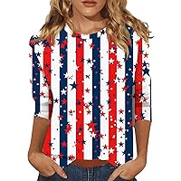 July 4 Shirts Summer Tops 3/4 Sleeve for Women 2024 American Flag Clothes T-Shirts Ladies Star Stripes Tee Blouses