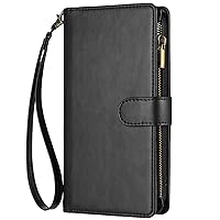 XYX Wallet Case for Samsung Galaxy A72 5G, Solid Color Pu Leather Wallet Cover Wrist Strap 9 Card Slots Zipper Money Pocket Phone Case, Black