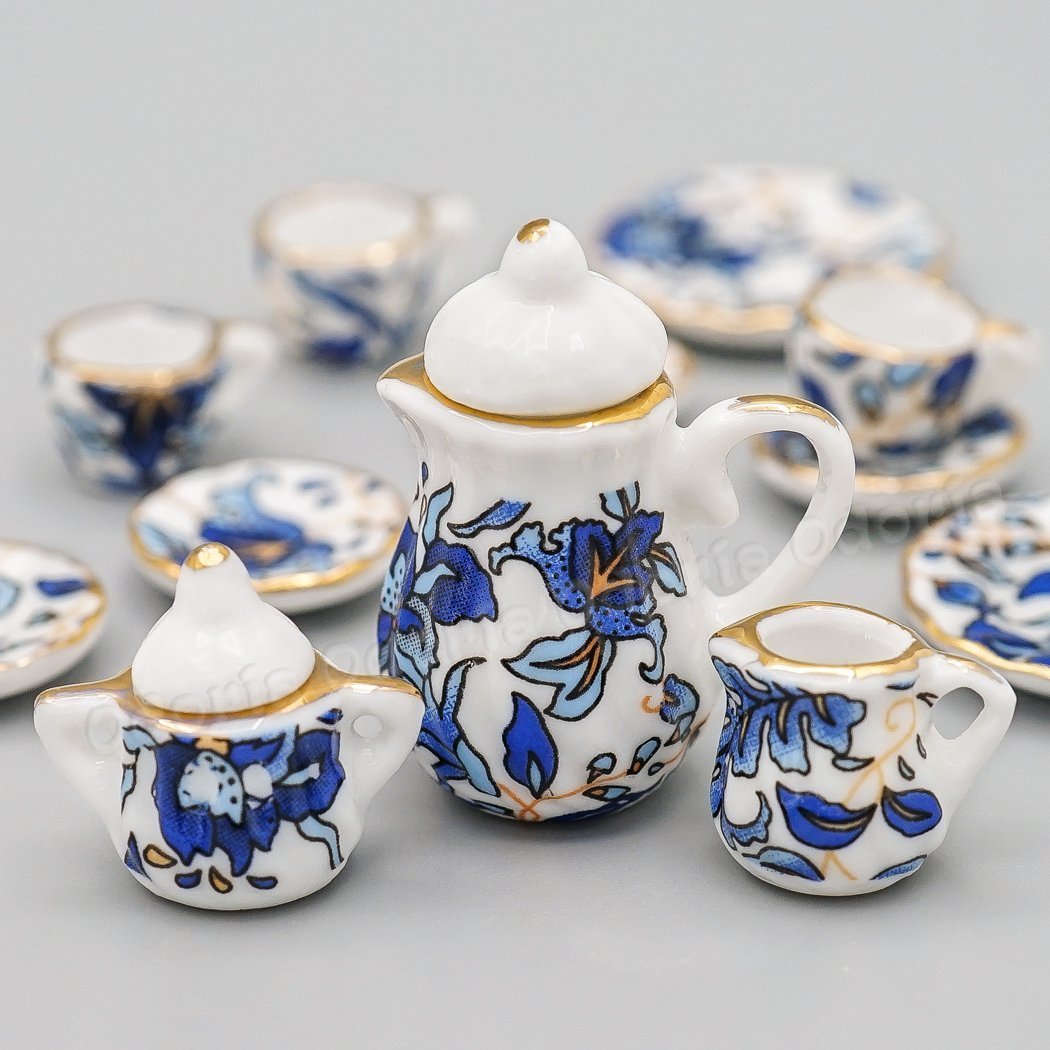 Odoria 1:12 Miniature 15Pcs Blue Porcelain Chintz Tea Cup Set (Blue)