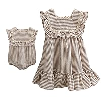 Toddler Girls Linen Summer Casual Dress Kids Vintage Ruffles Stripe Baby Rompers Dresses