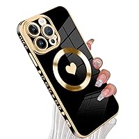Magnetic for iPhone 15 Pro Max Case [Compatible with Magsafe] Cute Love Luxury Plating Edge Bumper Case with Full Camera Lens Case for iPhone 15 Pro Max Phone Case, Black (6.7