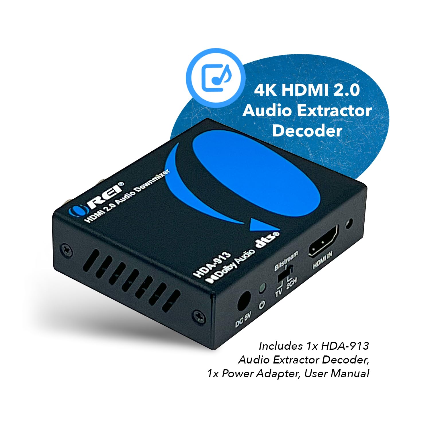 OREI 4K HDMI Audio Decoder Extractor, Downmix Dolby Audio Decoding DTS to Analog 3.5mm Jack Support Headphone/Speaker L/R Outputs or Optical SPDIF 2.0 CEC 1080p 4K2K (HDA-913)
