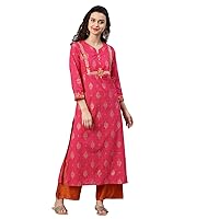 Yash Gallery Women's Cambric Cotton Zari Embroidered Straight Kurta (Pink)