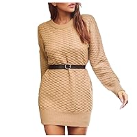 Summer Dress for Women Plus Size,Womens Dress Round Neck Long Sleeve Solid Color with Belt Casual Loose Sweater