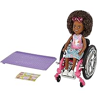 Chelsea Doll & Wheelchair with Moving Wheels, Ramp, Sticker Sheet & Accessories, Small Doll with Curly Brown Hair