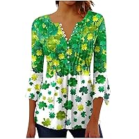 Green Irish Shamrock Tunic Tops Women 3/4 Bell Sleeve Henley Shirts St Patricks Day Pleated Front Elegant Pullover
