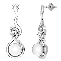Dazzlingrock Collection 8mm Round Cultured Freshwater Pearl, 6X4mm Created Oval Shape Gemstone & 0.17 CT Round Natural White Diamond Screw Back Dangle Earrings for Women, 925 Sterling Silver