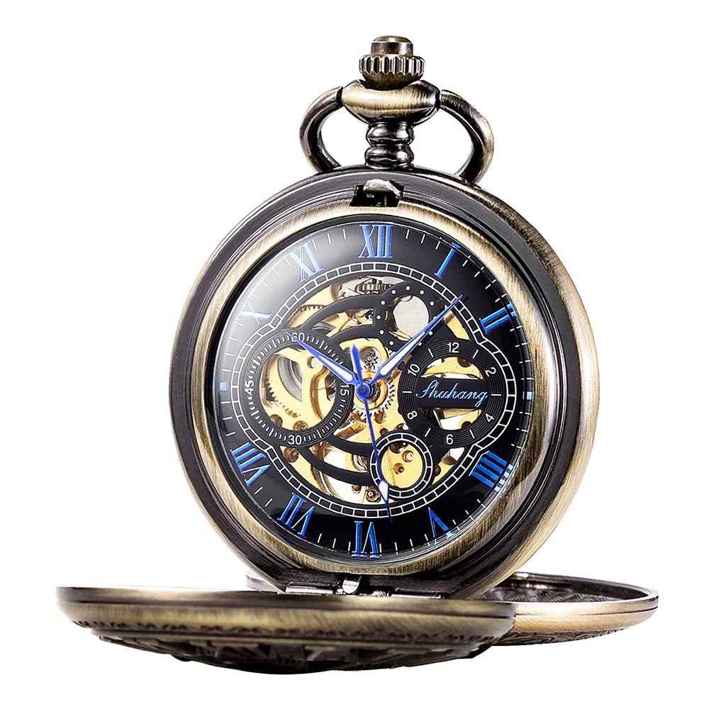 SIBOSUN Pocket Watch Mechanical Pocket Watches for Men and Women Chain Skeleton Bronze Blue Double Cover Pocket Watch Albert Chain T Bar & Lobster Clasps Vest Chain 2 Hooks Compass Pendant