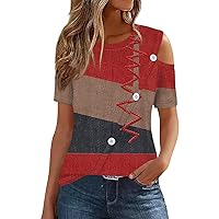 Cold Shoulder Tops for Women, Summer 2024 T Shirts Button Crew Neck Casual, S XXXL
