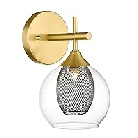 Gold Wall Sconces Lamp, Farmhouse Bathroom Vanity Light Fixture with Clear Glass and Honeycomb Metal Shade, Brass Sconces Wall Lighting for Mirror Bedroom Hallway, AD-22001-1W-GD
