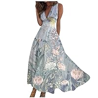 Womens Summer Maxi Dress 2024 Sexy Deep V Neck Sleeveless Trendy Floral Print Flowy Beach Dress