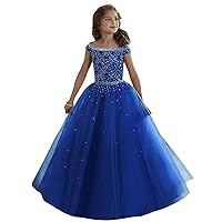 Girls Illusion Rhinestone Beading Ruffled Christmas Ball Gown Princess Pageant Dress (8, Royal Blue)