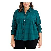 Style & Company Womens Green Pocketed Step Hem Plaid Cuffed Sleeve Point Collar Button Up Top Plus 3X