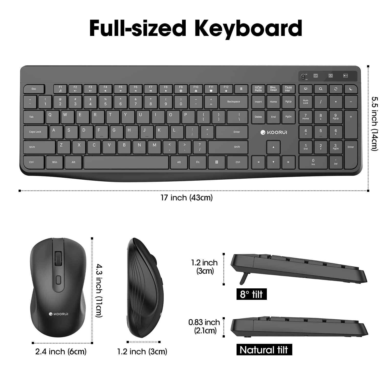 KOORUI Wireless Keyboard and Mouse Combos, 2.4G Silent Full Size Keyboard 3DPI Mouse for Windows MacOS Linux, 12 Multimedia and Shortcut Keys Desktop Computer/Laptop/PC-Black (Battery Not Included)