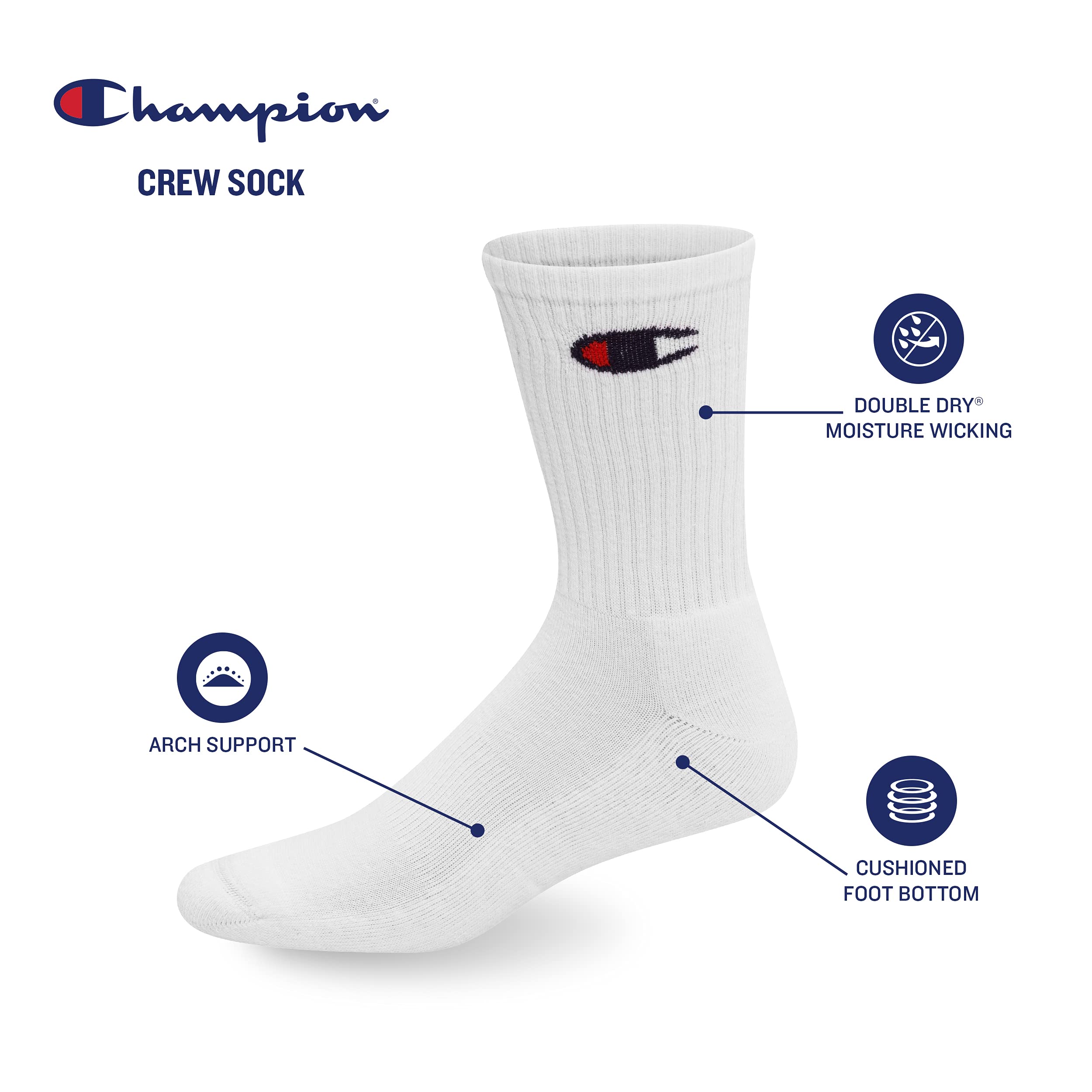 Champion Men's Double Dry Moisture Wicking Crew Socks; 6, 8, 12 Packs Available