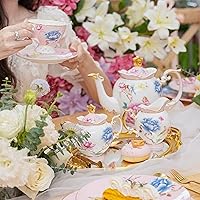 ACMLIFE Bone China Pink Teas Set for Adults, 21-Piece Pink Coffee Cups and Teapot Set for Women, Porcelain Afternoon Tea Cups and Saucers Set Vintage Tea Party Set of 6(Pink, Serve for 6)