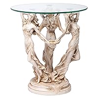 The Greek Muses Classic Glass-Topped Side Table, 18 Inches Wide, 18 Inches Deep, 20 Inches High, Handcast Polyresin, Antique Stone Finish