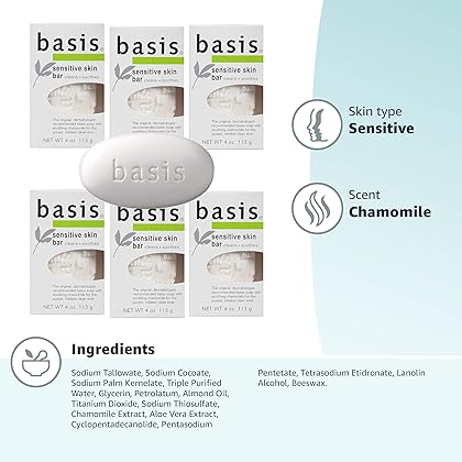 Basis Sensitive Skin Bar Soap - Cleans and Soothes with Chamomile and Aloe Vera, Use as Body Wash or Hand Soap - Pack of 6