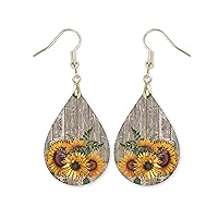 Floral Earrings for Women Colorful Teardrop Dangle Jewelry Mother's Day Gift from Daughter for Mom Handmade by the Painted Pug (Sunflower Barnwood)