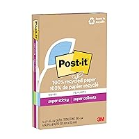 Post-it 100% Recycled Paper Super Sticky Notes, 2X The Sticking Power, 4x6 in, 4 Pads, 45 Sheets/Pad, Oasis Collection (4621R-4SST)