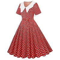 Women 1950s Vintage Audrey Hepburn Style Cocktail Dresses Lapel Bow-Knot Tea Party Dress Belted Polka Dot Swing Dress