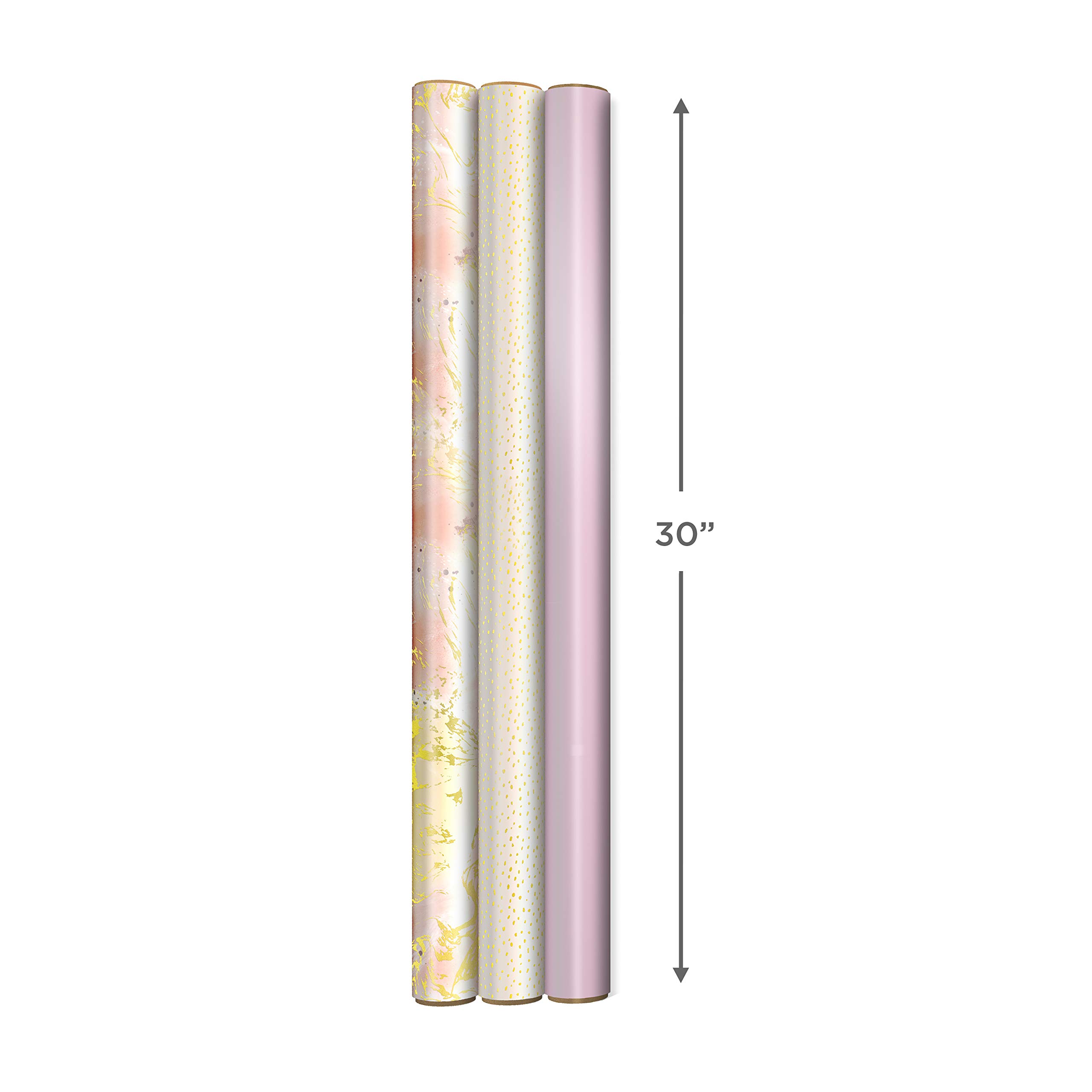 Hallmark Pink and Gold Wrapping Paper with Cutlines and Optional DIY Bow Templates on Reverse (3 Rolls: 75 sq. ft. ttl) for Christmas, Birthdays, Weddings, Bridal Showers, Baby Showers, Crafts