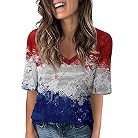 4Th of July Tops for Women 2024 Funny Stars and Stripes American Flag Print V Neck Short Sleeve T-Shirt Clothes