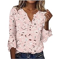 3/4 Sleeves Black T Shirt Womans Floral Gradient Tee Tops V Neck Artistic Color Block Blouse Tunic Vacation Cloth