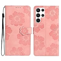Galaxy S24 Ultra Case Wallet for Women, Card Holder Folding Flip Design Flower Embossing Leather Magnetic Folio Cover Compatible with Samsung Galaxy S24 Ultra (Pink)