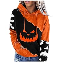 Plus Size Halloween Hoodie For Women Casual Long Sleeve Color Block Pumpkin Face Print Sweatshirts Pocket Pullover