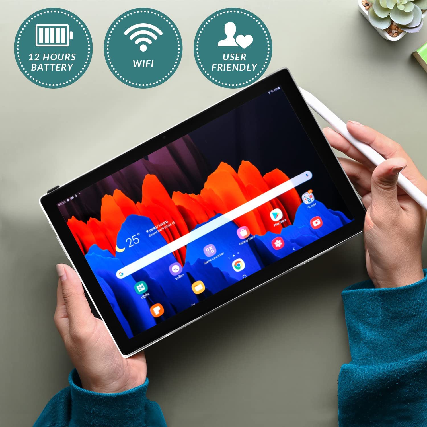 10.1 Inch Android Tablet -2 in 1 Tablet 1080p HD Display, 5000 mAH, Dual Camera, WiFi Compatibility, Quad-Core Processor, 2GB RAM, 32GB Storage, Magnetic Keyboard, Stylus Pen & Case Included- Silver