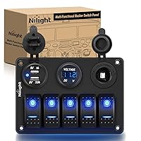 Nilight - 90118H 5 Gang Rocker Switch Panel Pre-Wired Aluminum Switch Panel with Dual USB Cigarette Lighter Socket Voltmeter12V-24V DC Switch Panel with Night Glow Stickers for Cars Rvs Trucks