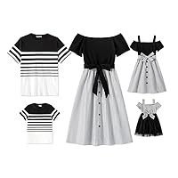 PATPAT Family Matching Outfits Mommy and Me Dress Striped Maxi Dresses and Short-Sleeve T-Shirts Set