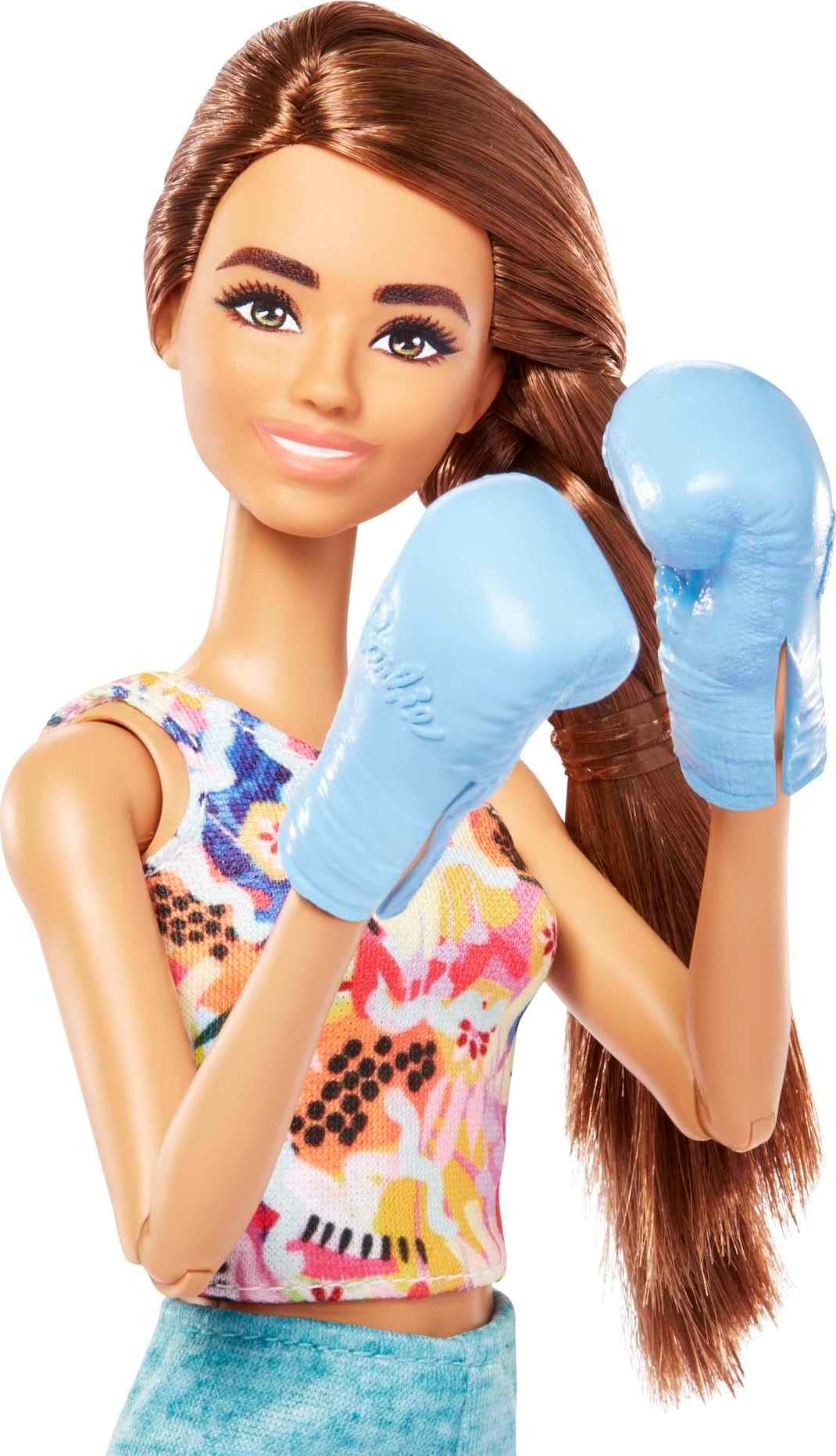 Barbie Self-Care Doll, Brunette Posable Workout Doll with Puppy and Accessories Including Roller Skates & Tennis Rackets