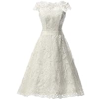 Women's Cap Sleeve Sashes Short Lace Knee-Length Wedding Gown Dress