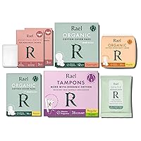 Rael Period Value Pack - Regular Pad 1 Pack, Overnight 1 Pack, Regular Liner 1 Pack, Flushable Feminine Wipes 1 Pack & Compact Tampons (Regular & Super, 36 Count) & Heating Patch (6 Count)