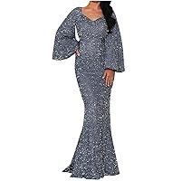 Women's Bell Sleeve Prom Dress Elegant Formal Mermaid Evening Gown Wedding Party Sweetheart Neck Maxi Sequin Dresses Silver