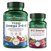 Purity Products Bundle - Vegan Omega 3-6-9 (180 ct) + B-12 Energy Melt Omega 3-6-9 (“5 in 1” Plant-Based Omega 3 6 9 Essential Fatty Acids) - B12 Berry Melt (Methylcobalamin B12 + B6 + D3 + More)